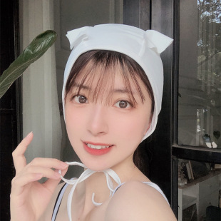 Japanese style braids girl pure black white lace-up swimming cap Lolita comfortable not tight head cute long hair plus size Swimming cap