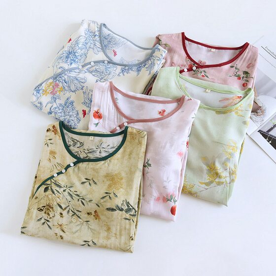 Cotton Silk Belt Breast Pad Nightdress Women's Summer Thin National Style Pure Cotton Silk Pajamas Loose Artificial Cotton Home dress