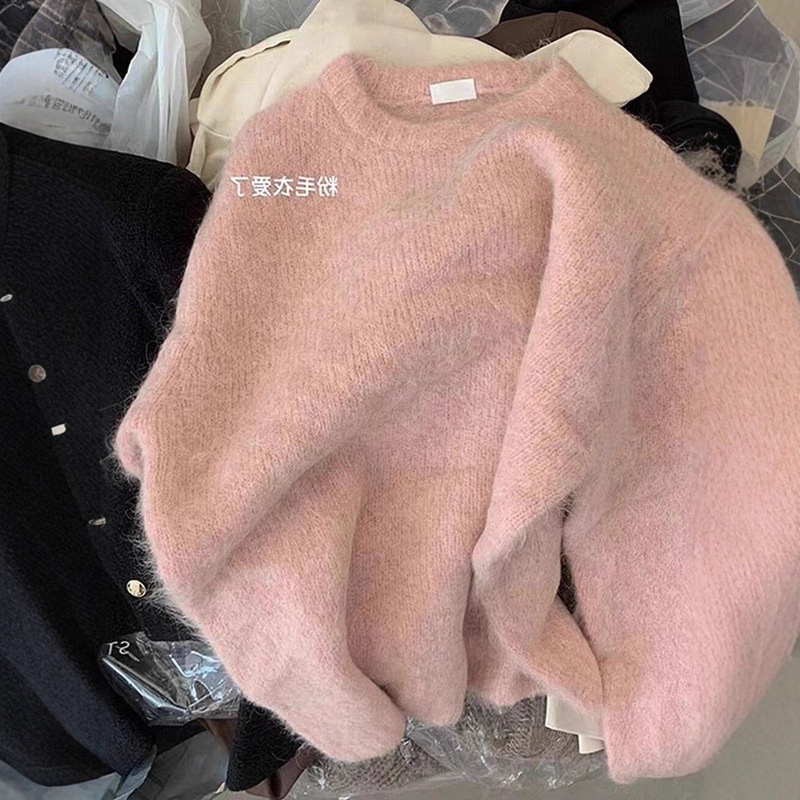 Clearance 2025 Autumn/Winter Korean Style Gentle Soft Thick Unique Chic Pink Mohair Sweater Knitwear