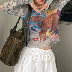 2025夏季抽象涂鸦小狗印花网纱T恤女夏季薄款防晒衫百搭上衣