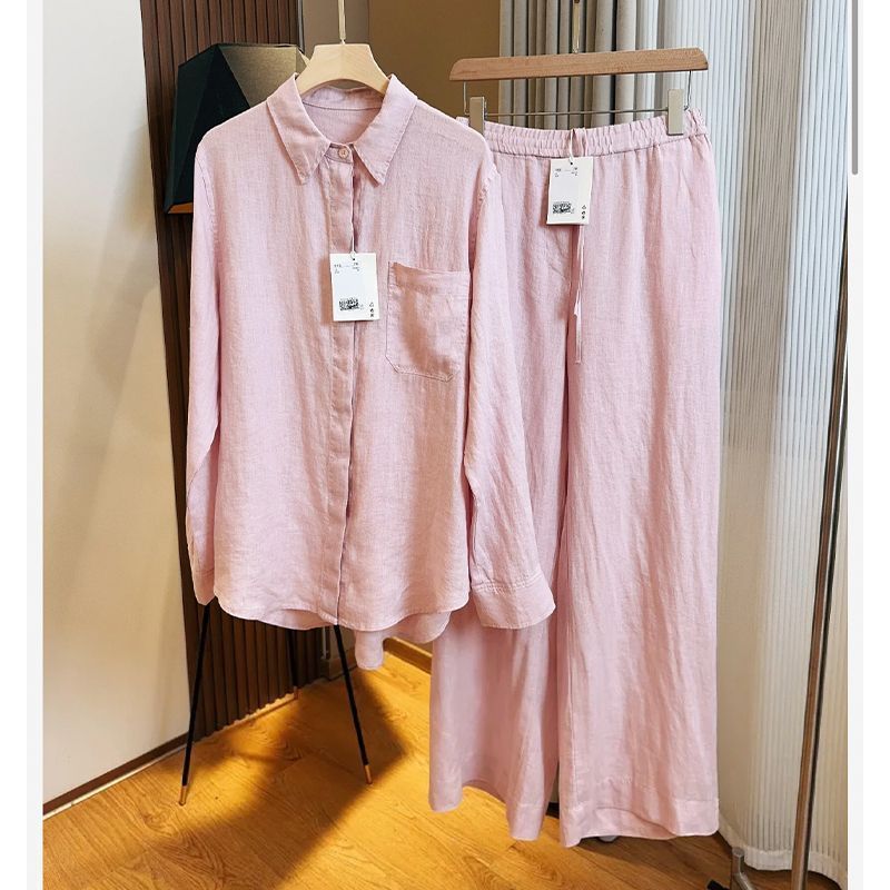 Women's Cotton Linen Shirt Set Korean Style Lightweight Loose Sun Protective Top And Wide Leg Pants Two Piece Fashionable Youthful Clothing_ecoleips.com
