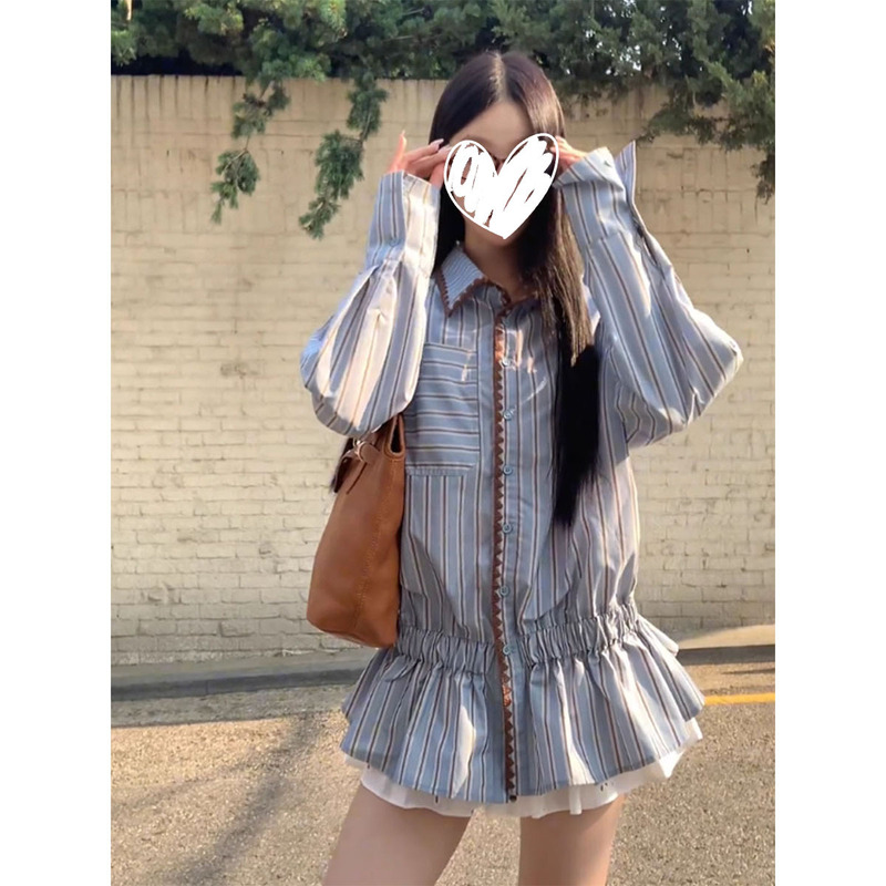 法式撞色条纹收腰长袖衬衫女装2025秋季新款休闲显瘦翻领开衫外套|undefined