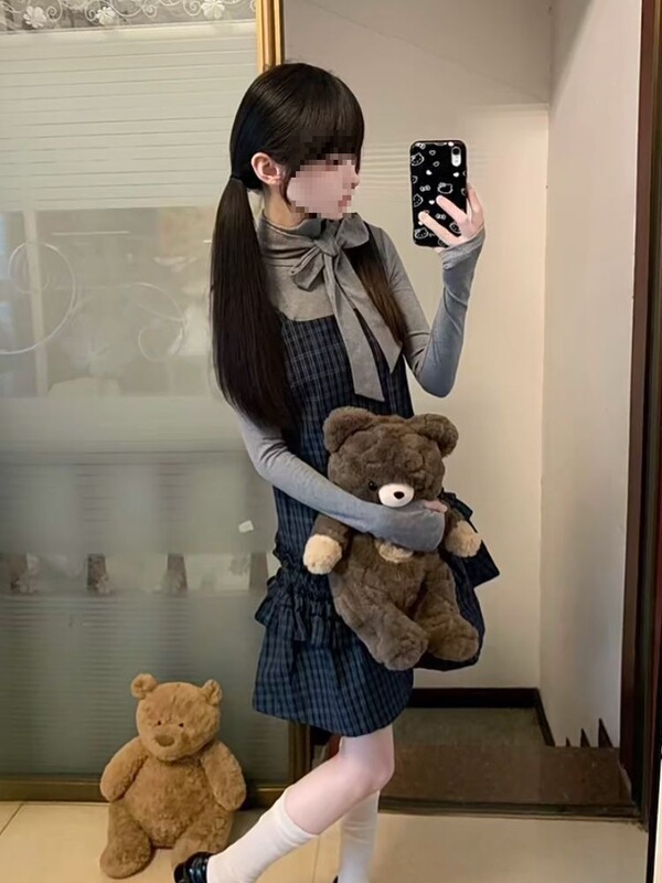 少女心事 秋装新款日系古早vintage设计蝴蝶结上衣格纹连衣裙套装|undefined