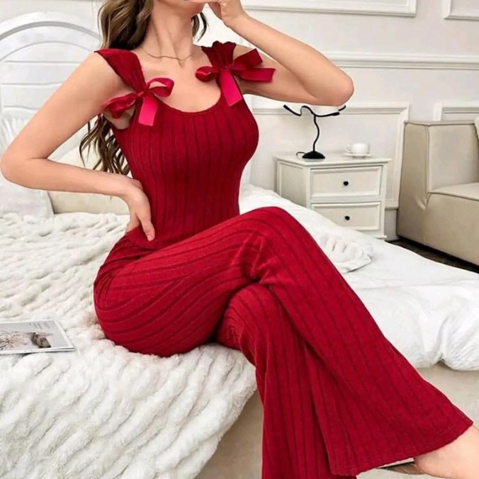 跨境甜美蕾丝花边睡衣女春夏高级感无袖长裤舒适家居服欧美风套装|undefined