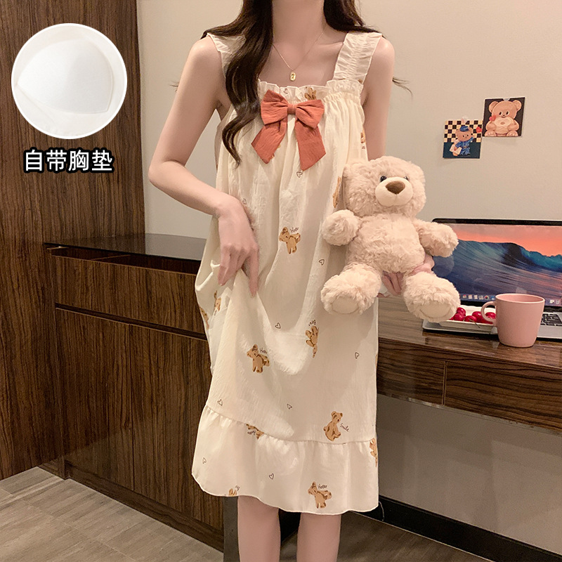 2025 pijamas de verano de niñas sin mangas de encaje dulce vestido de pijama nubes de algodón cinturón cojín de pecho flor triturada dulce ropa de viento para el hogar