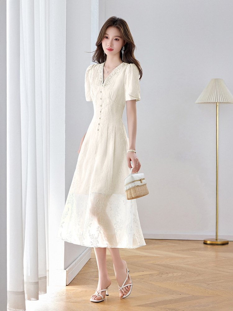 Đầm maxi nữ thêu hoa cổ V thắt eo phong cách cổ điển dài — màu xanh nhạt, màu sắc