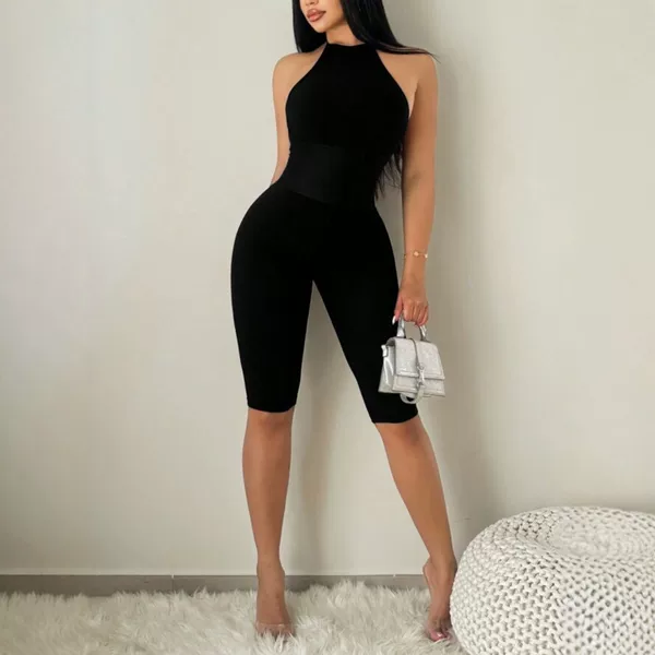 European and American Hot Girl Style Black Slim-Fit Jumpsuit for Women, Sleeveless, Hollow-Out, Backless, Tight-Fitting, Slimming, Fashionable Trendy Shorts