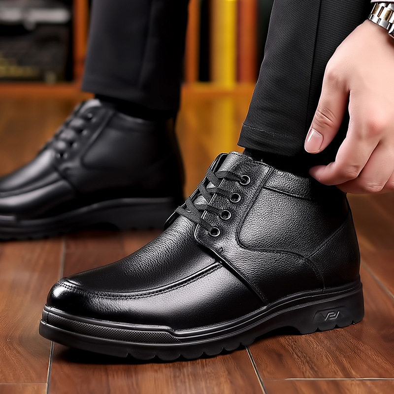 Giày bốt nam cao cổ lót lông giữ ấm, giày da bò cổ cao thời trang nhẹ êm — CS5529 Màu đen