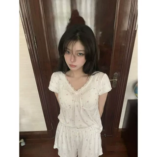甜美碎花蕾丝花边带胸垫睡衣女夏季短袖短裤凉感家居服套装可外穿