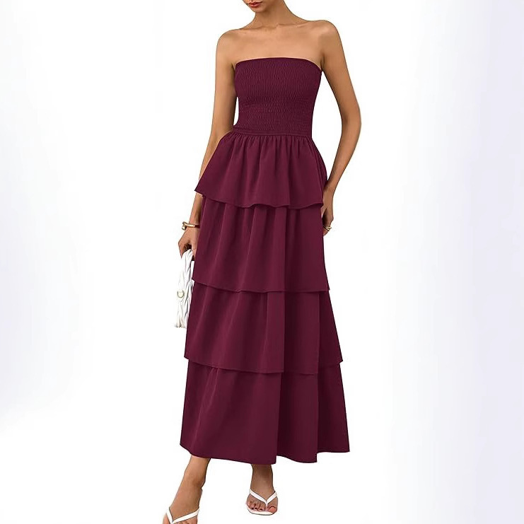 Amazon New Long Dress Summer Open Shoulder Pleated Layered Pleated Elegant dress Casual Beach Vase Dress