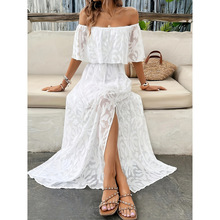 欧美跨境夏季纯色蕾丝连衣长裙