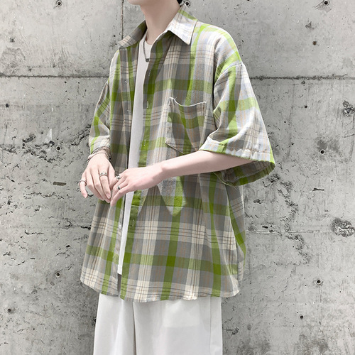 Men's Short-Sleeve Summer Thin Grid Shirt, Streetwear Loose Five-Button Shirt, Hip-Hop Hong Kong Style Half-Sleeve Top