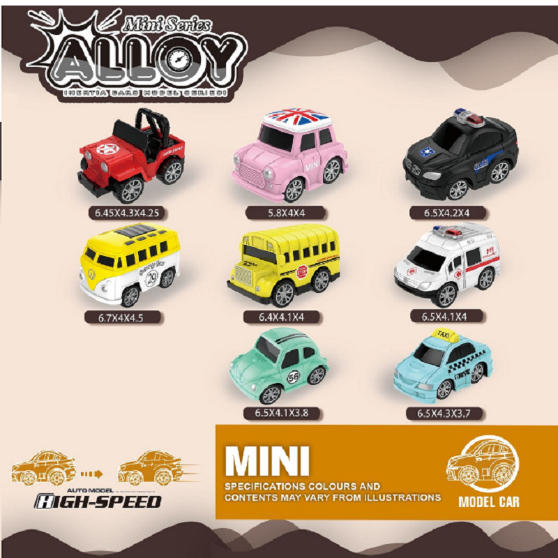 8 Models of Mini Die-Cast Alloy Q-Version Cars, Police Cars, Buses, and Taxis with Strong Pull-Back Function, Packaged in Bags for Cross-Border Sales