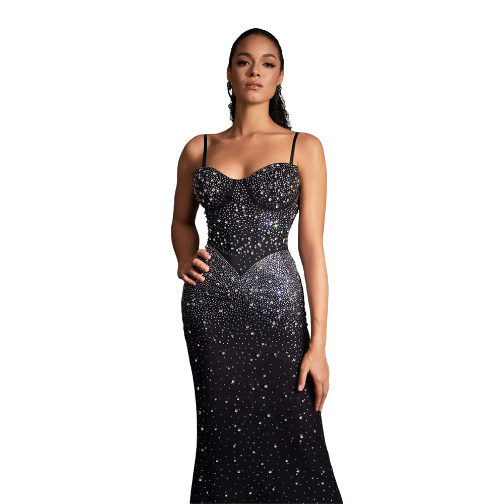 Elegant Spaghetti Strap Long Dress With Rhinestone Details, Women's Chic Bodycon Maxi Dress For Parties_ecoleips.com