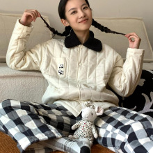 野SP熊猫格子睡衣女冬三层夹棉加绒加厚家居服套装可外穿情侣服冬