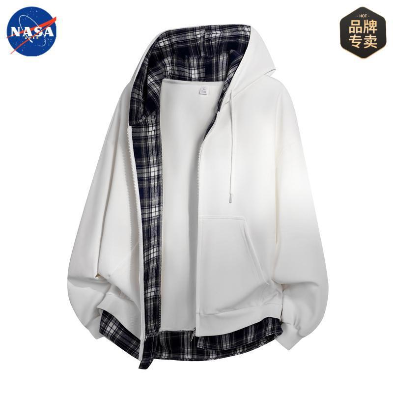 NASA品牌美式格子拼接假两件连帽卫衣男情侣款春秋季学生开衫外套|undefined