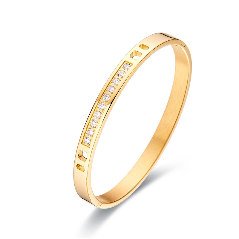 PVD Coated Gold Plating Process 18K Real Gold Plated Plating Material Simple Style Streetwear Solid Color Stainless Steel Plating Inlay Artificial Gemstones Bangle