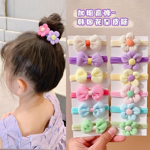 6 pieces ~ Flower seamless hair ties for children striped bow new cute hair accessories high elasticity girls hair ties