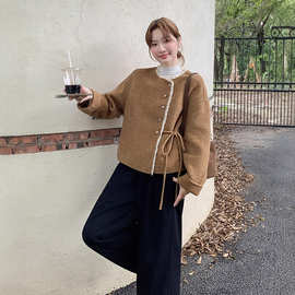 蕾丝拼接双面羊绒外套女秋冬加厚保暖小个子甜美双面呢大衣短款