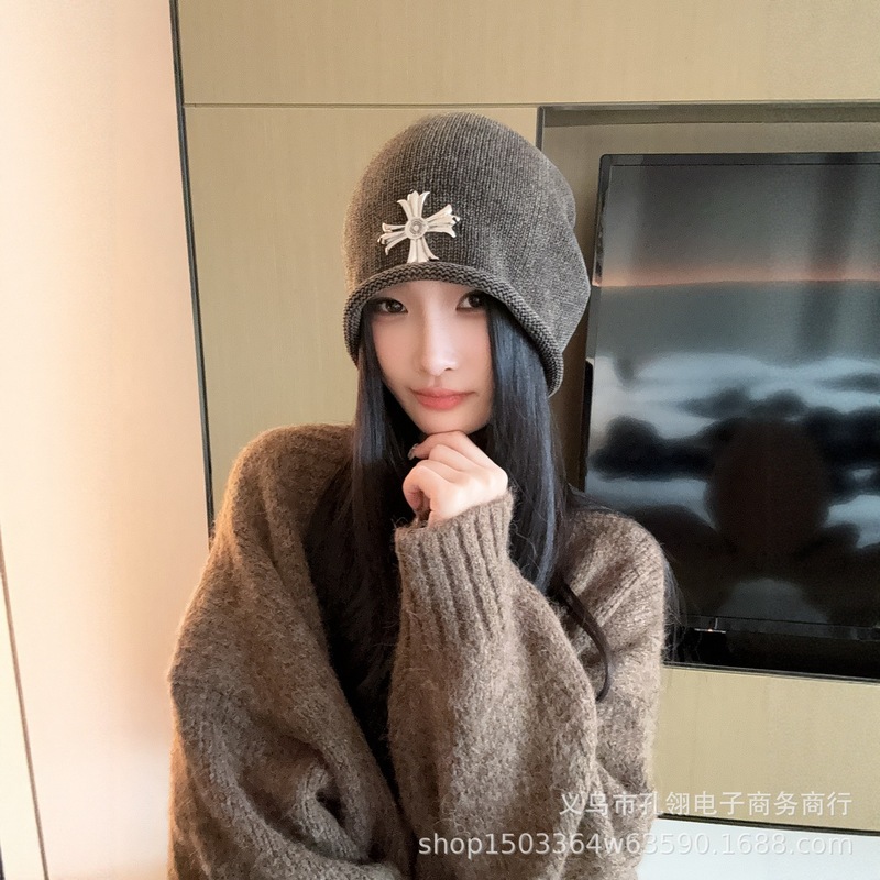 韩版ins风卷边十字架堆堆帽女秋冬保暖防风显脸小针织帽百搭冷帽|undefined