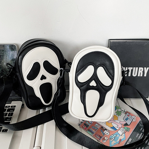 Crossbody bag for men and women, Korean style niche trend, funny ghost skull crossbody shoulder bag, soft PU mobile phone small shoulder bag