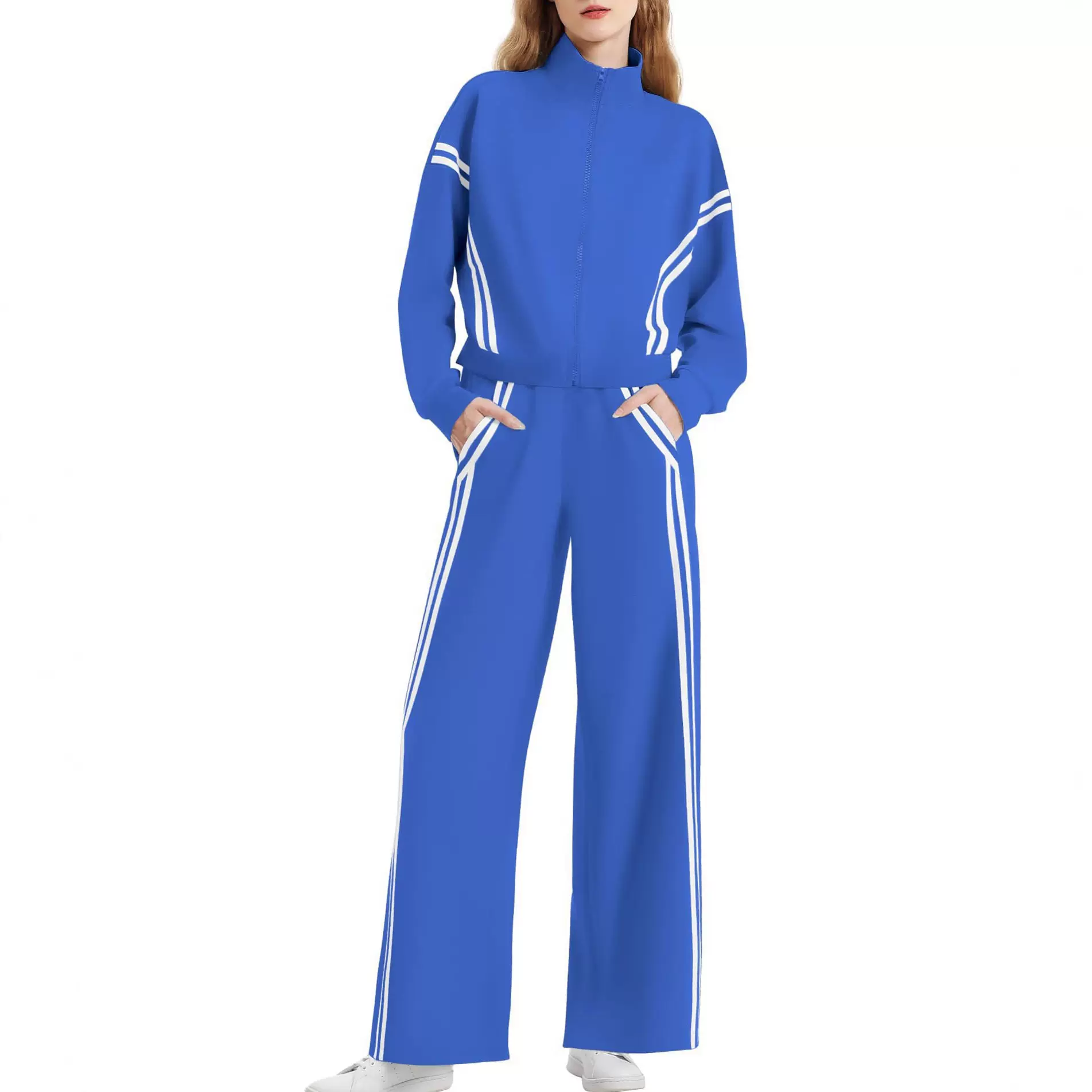 跨境女士两件套休闲服拉链运动套装撞色条纹阔腿慢跑裤旅行运动服