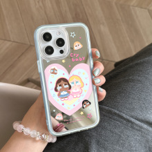 爱心哭娃镜面适用苹果13手机iphone16PROMAX华为荣耀小米14手机壳