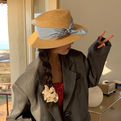 Hat women's new holiday style French bow flat-top straw hat sun protection hat