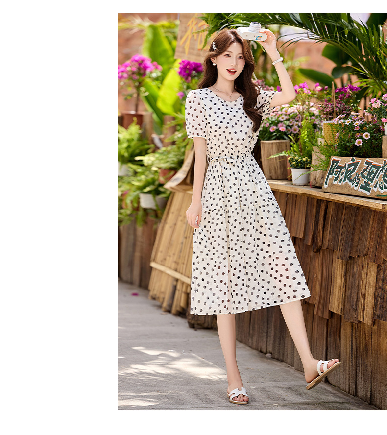 Đầm maxi nữ thắt eo chấm bi tay ngắn phong cách thời trang — màu đen, màu trắng chi tiết 23