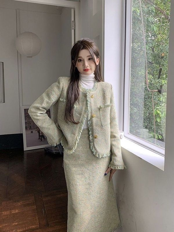 气质名媛小香风套装裙春春秋新款高级感温柔韩剧外套半身裙两件套|undefined