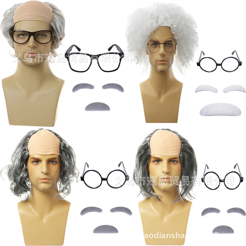 Halloween Bald Wig Crazy Scientist Headgear Einstein Wig Grandpa Character Wig Dress up