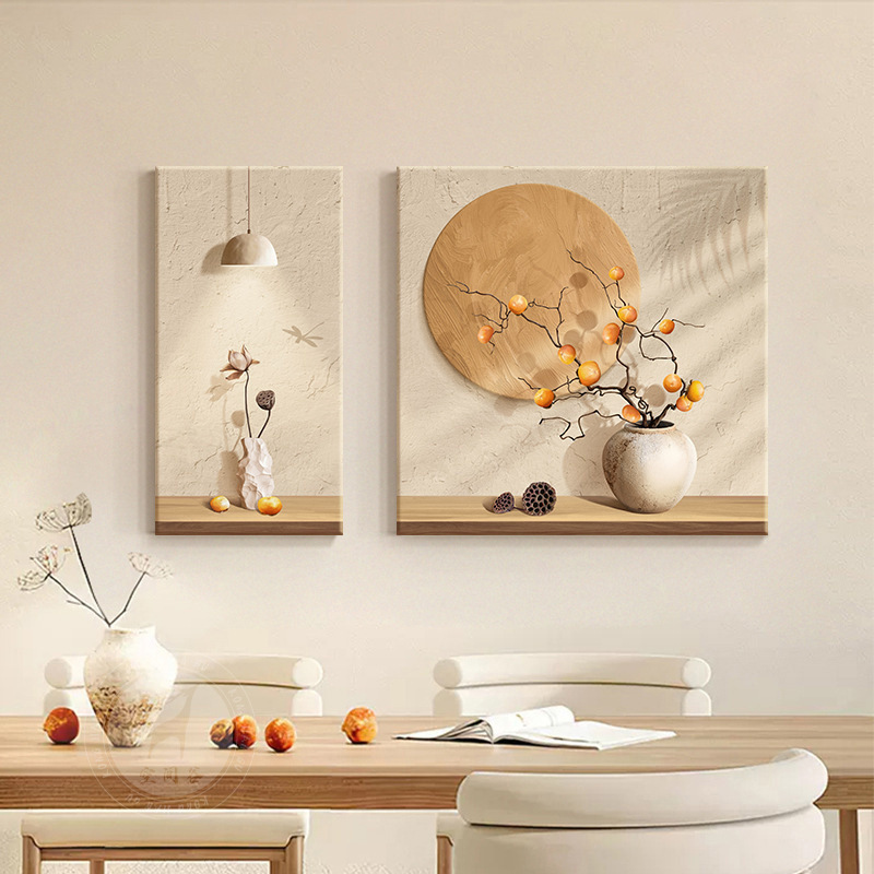 わびさびログスタイルリビングルームダイニングテーブル壁画平和と喜びダイニングルーム背景壁掛け絵画暖かいホームレストラン装飾絵画|undefined