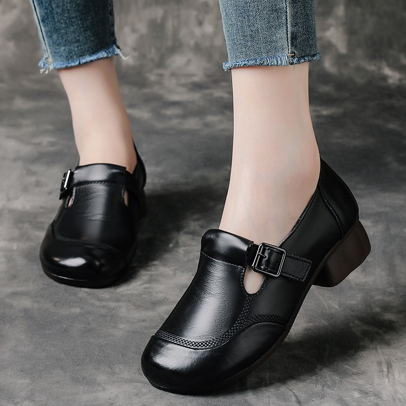 Top-layer Cowhide Mary Jane Spring And Autumn Style, Chunky Heel Single Simple Mid-heel Soft-soled Shoes, Versatile_vogvips.com