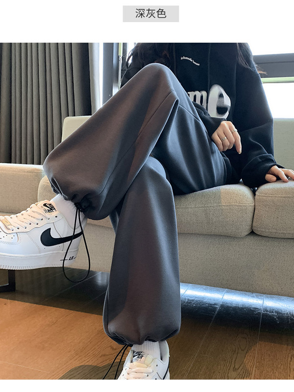 运动裤女春秋2025新款高腰休闲宽松直筒美式阔腿白灰色卫裤子|undefined
