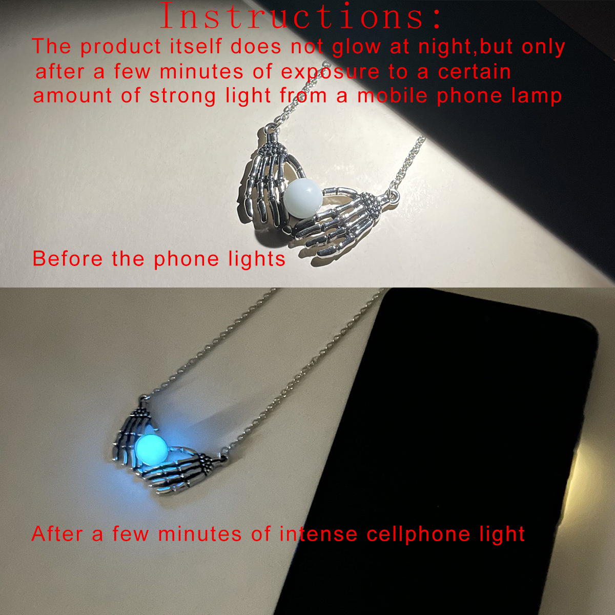 HJJ Halloween-Accessoires-Serie Herz-Punk-Totenkopf-Hand-Perlenkette im Dunkeln leuchtend_voghion.com