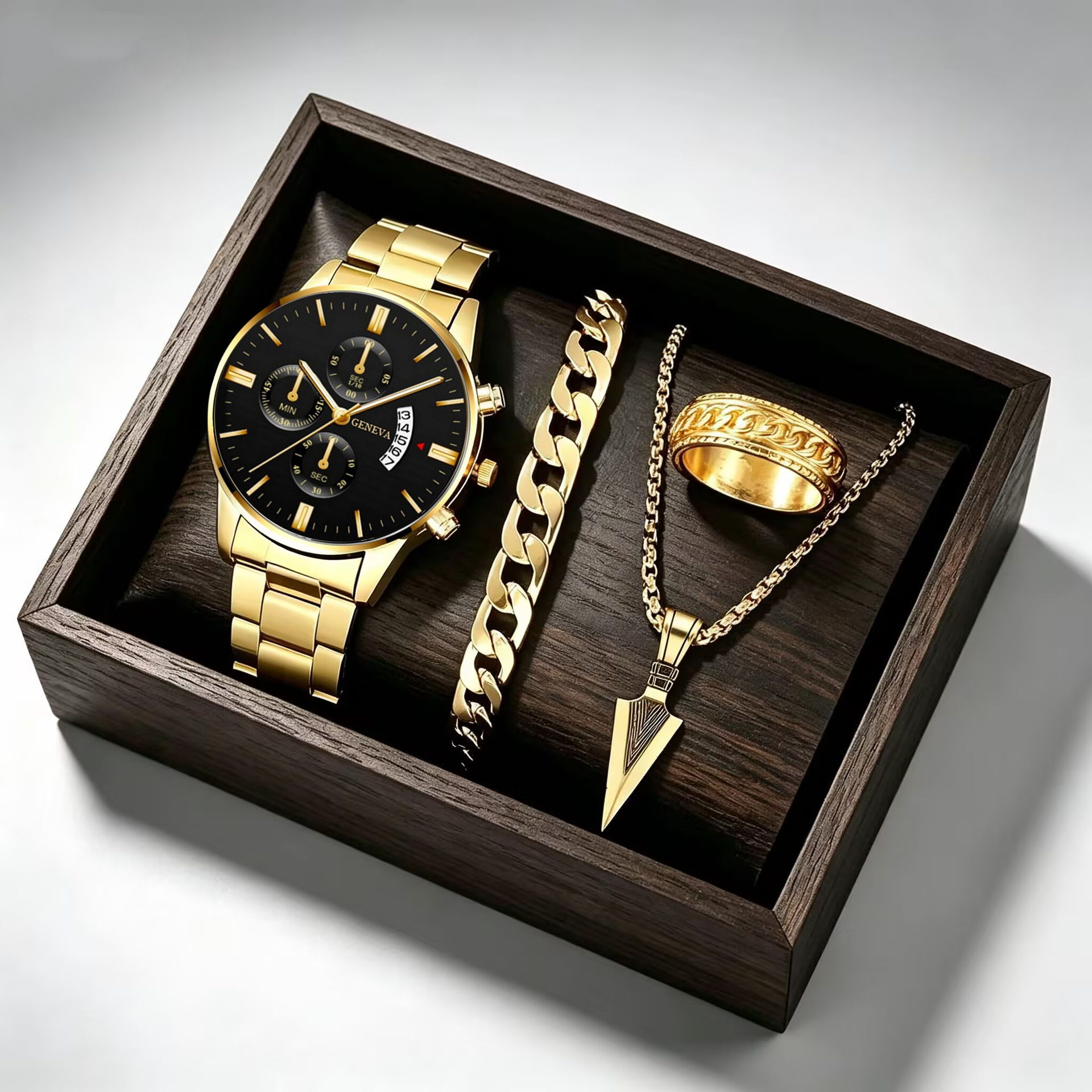 Calendario de moda clásica de moda de hombre al por mayor reloj de pulsera reloj de correa de acero reloj de negocios conjunto transfronterizo