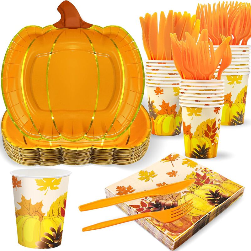 New Maple Leaf Pumpkin Party Special-Shaped Plate Thanksgiving Children's Arrangement Disposable Hot Stamping Cake Paper Plate Set