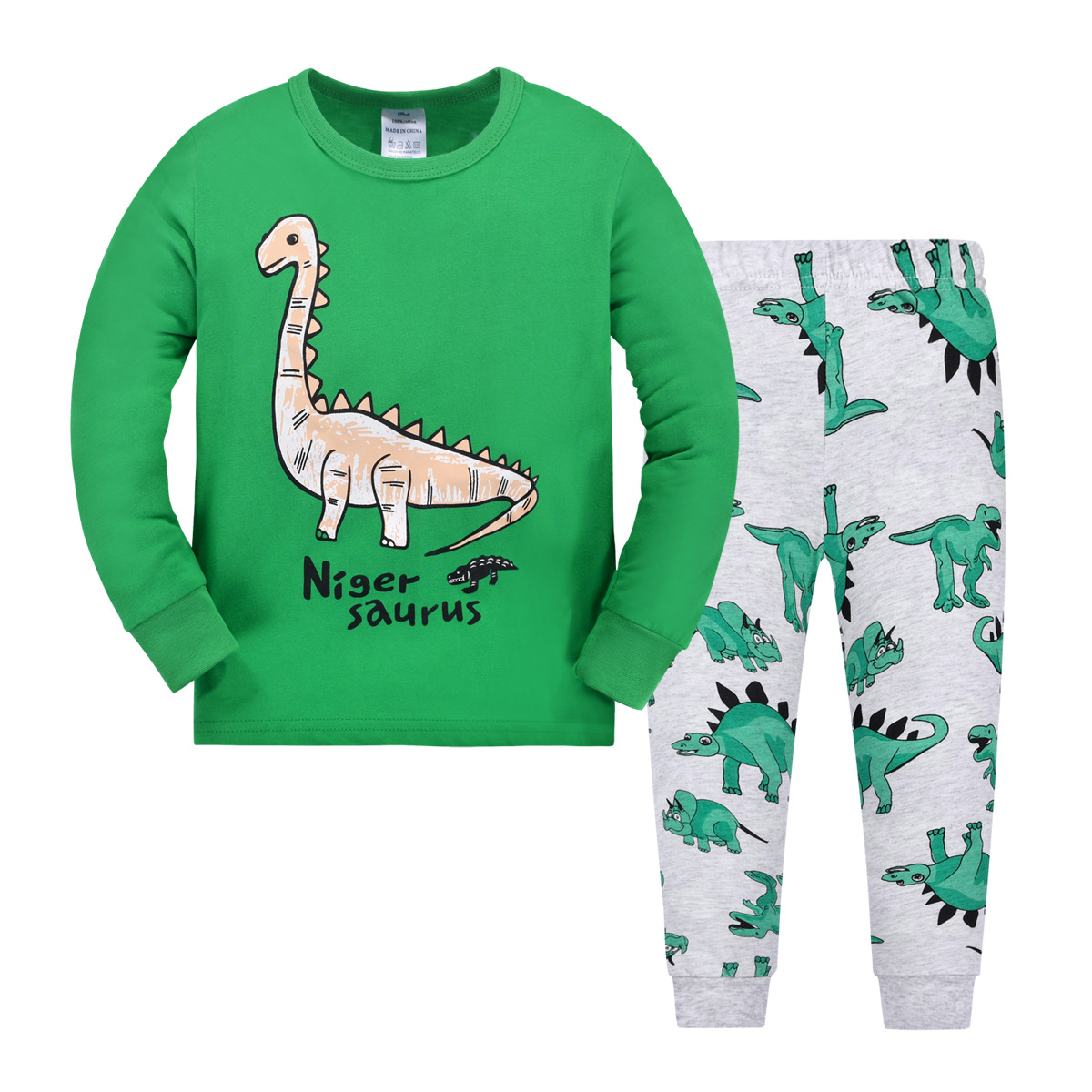 Amazon ropa para niños al por mayor niños de algodón liso dinosaurio pijamas estilo europeo y americano homewear traje