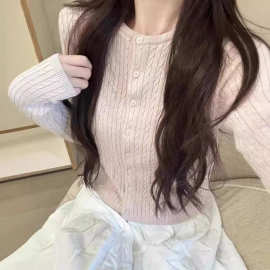 BM风藕粉色圆领短款单排扣麻花针织开衫外套女bm薄款毛衣显瘦上衣