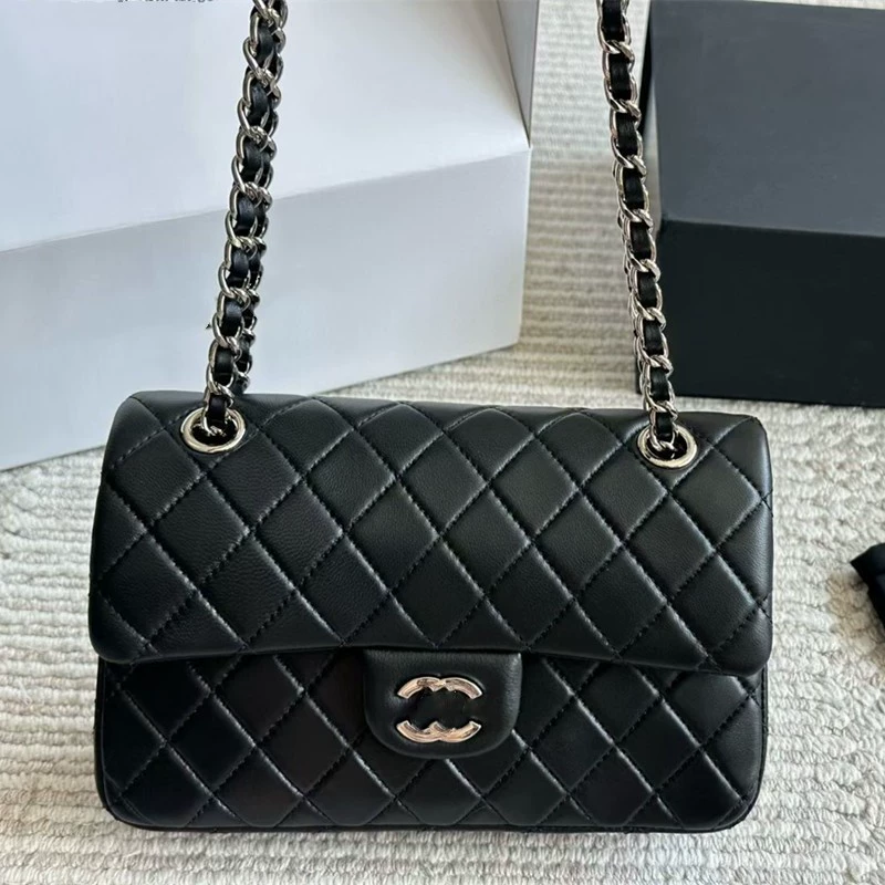 One-shoulder bag, classic diamond-quilted genuine sheepskin leather, 25 cm, high-end