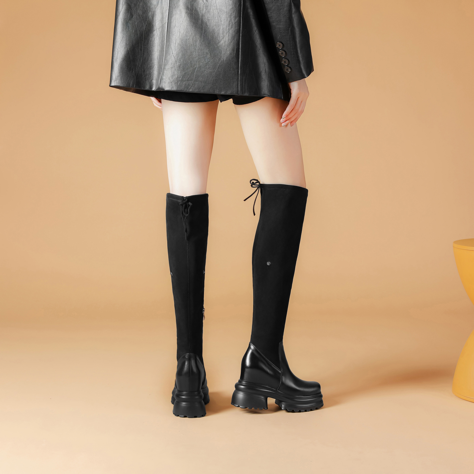 Boot nữ cổ cao ôm bắp chân chất jean phong cách miền Tây, gót 10 cm — Nhung đen jean chi tiết 5