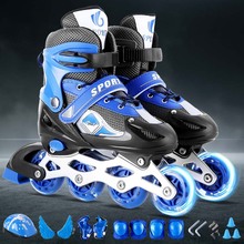厂家批发新款儿童直排溜冰鞋轮滑鞋PVC单闪套装可调节含头盔护具