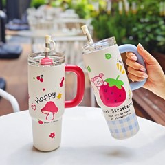 大容量水果冰霸杯女生高颜值保温杯真空带吸管杯不锈钢手把杯批发