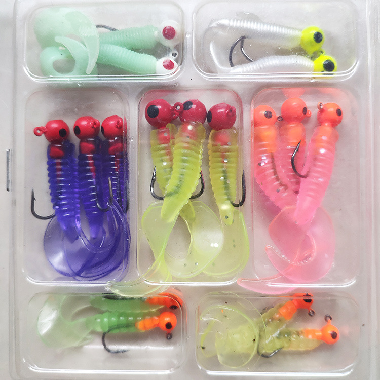 Wholesale lead -head hook soft bait set single -tailed tail tail tapecal box installed bionic bait fake bait road sub -bait soft worm bait 3