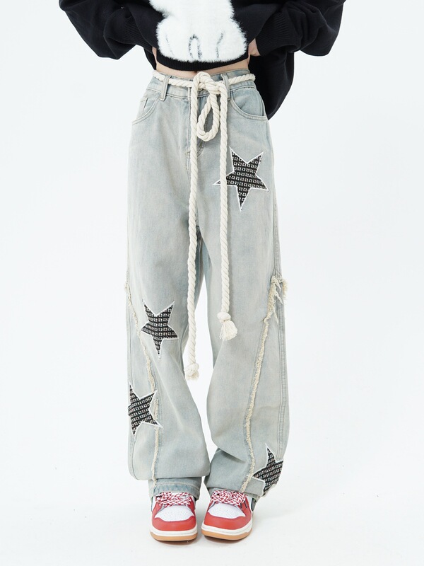 2023 New National Fashion Original Star Embroidered Washed Used Jeans Men's and Women's Instagram Fashion Straight Pants 2023 New National Fashion Original Star Embroidered Washed Used Jeans Men's and Women's Instagram Fashion Straight Pants