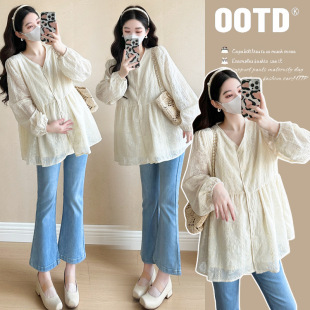 2025 Spring New Maternity Top Korean V-neck Rose Embroidered Chanel Style Doll Shirt Hot Mom Spring and Autumn
