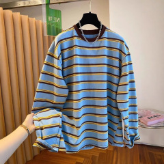 特大サイズ300斤韓系湾青縞tシャツ女性長袖春ゆるいファッション百円襟痩せ上着
