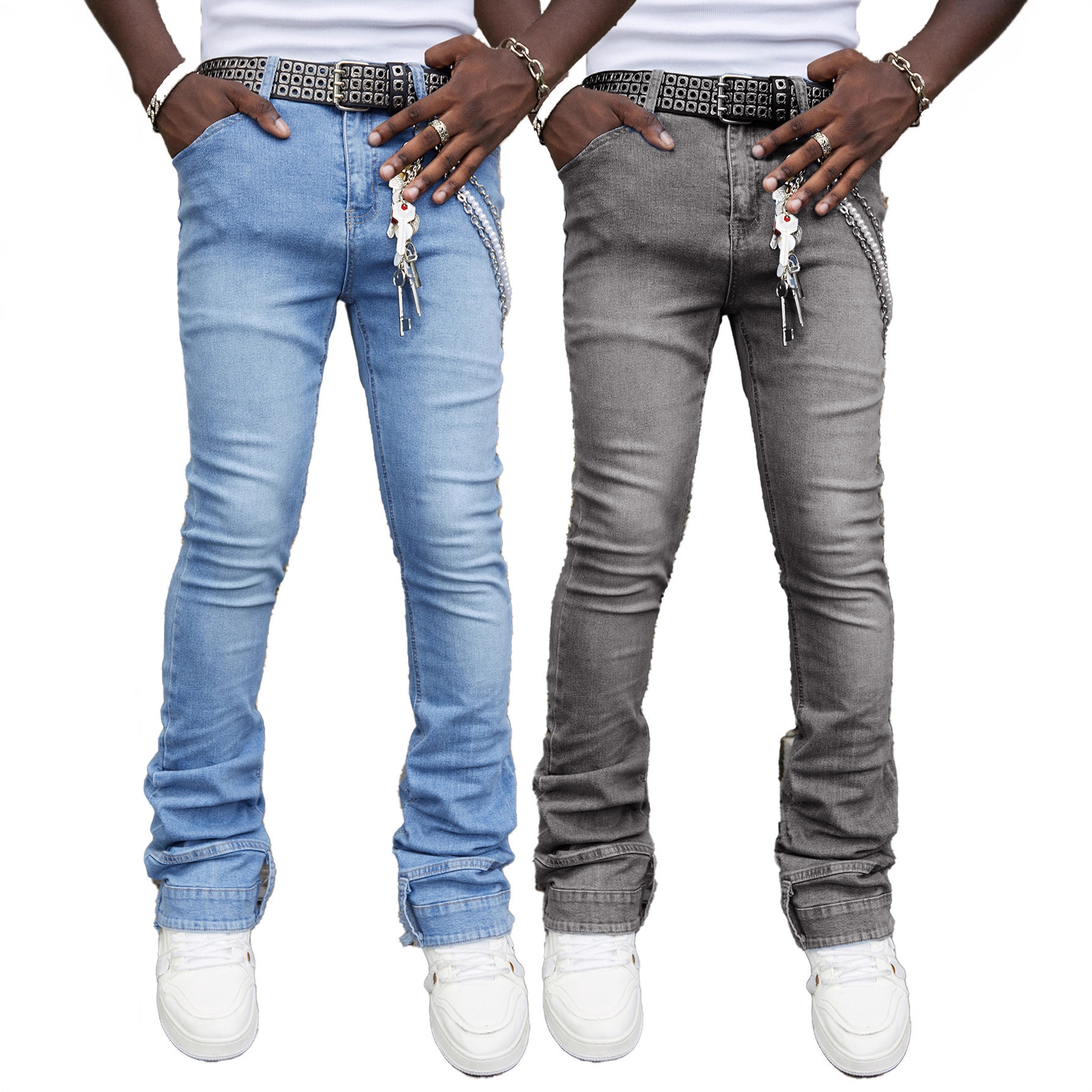 Men's Straight Leg Jeans Midweight Stretch Patch Denim Mid Waist Long Trousers Street Style Instagram Popular_mkmklike.com