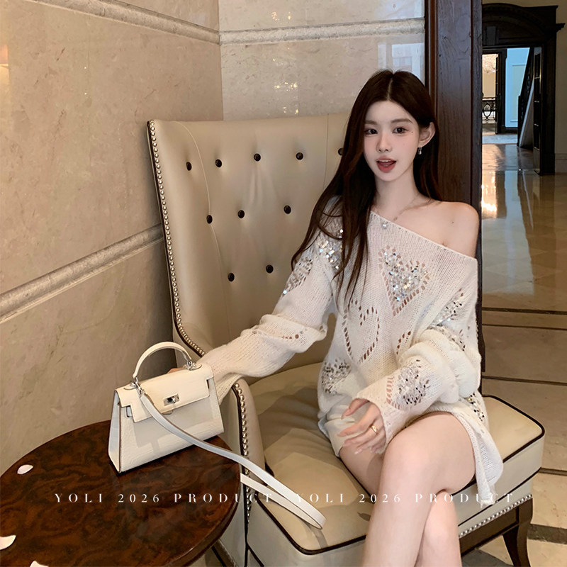 YOLI Zhang Youli Heartbeat Melody Off-White Sweater for Women, Autumn Korean Style, Loose, Slimming, Hollowed-Out Top
