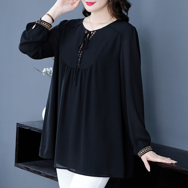 Spring New 200kg fat MM40 years old mother loose plus size long sleeve bottoming chiffon shirt middle-aged and elderly women's clothing